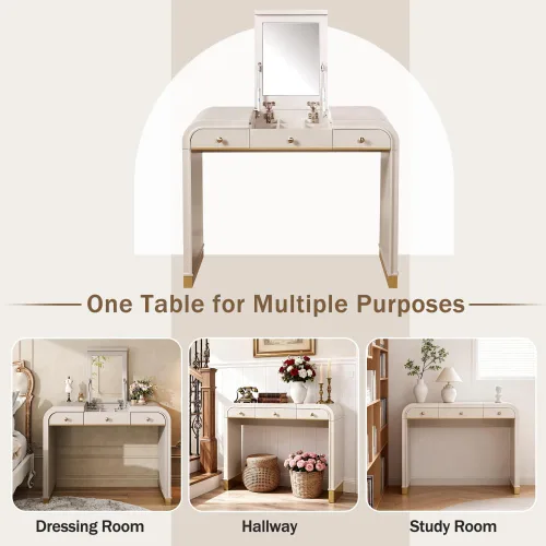 Vista 3 de Saiveina Escritorio clásico de madera con espejo abatible, tocador 3 en 1 con 2 cajones y espacio de almacenamiento para dormitorio, vestidor Champán