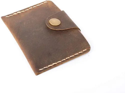 Vista 5 de Handmade Crazy Horse Leather Retro Card Case Small Coin Purse Leather Small Top Layer Cowhide Snap Buckle
