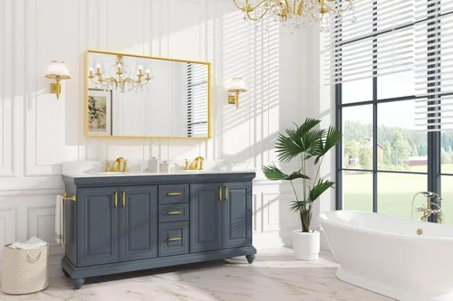 Vista 2 de Keonjinn Espejo de baño dorado de 48 x 30 pulgadas, espejo de pared de baño con borde dorado grande cepillado para sobre el fregadero, espejos