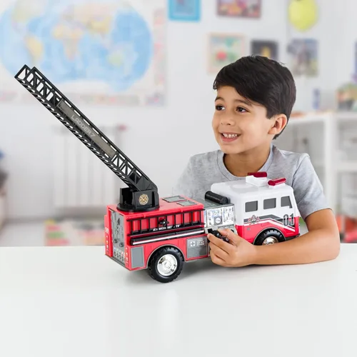 Vista 4 de Mighty Fleet Camión de escalera de bomberos motorizado Mighty con luces y sonidos, escalera motorizada, escalera extensible, diseño realista