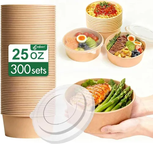 Vista 9 de Cuencos de papel redondos desechables de 17 onzas con tapa, 50 juegos de recipientes de delicatessen, cuencos de acai a prueba de derrames