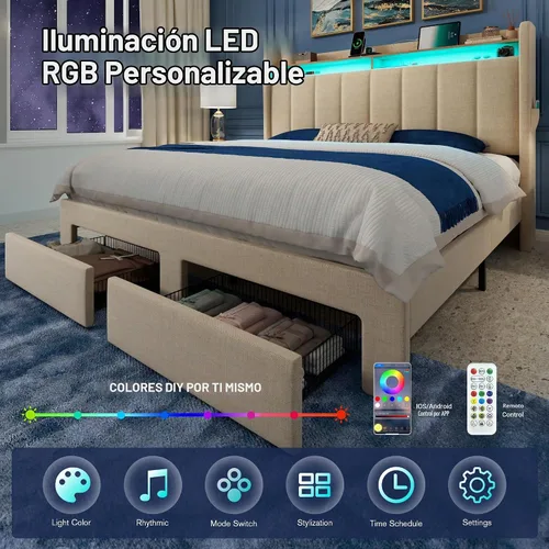 Vista 4 de Allewie - Marco de cama vertical tapizado con plataforma de tamaño matrimonial, con cabecera con almacenamiento de 2 niveles y luces LED, 2 cajones