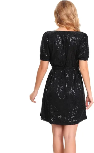 Vista 5 de Camiseta de manga corta con cuello en V y lentejuelas para mujer, talla grande, mini vestido con cinturón, vestidos de cóctel brillantes