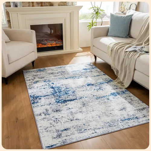 Vista 185 de Istana Alfombra larga antideslizante de 2.5 x 8 para el hogar, para pasillo y cocina, lavable, sedosa y suave al tacto, elegante, color azul y marfil
