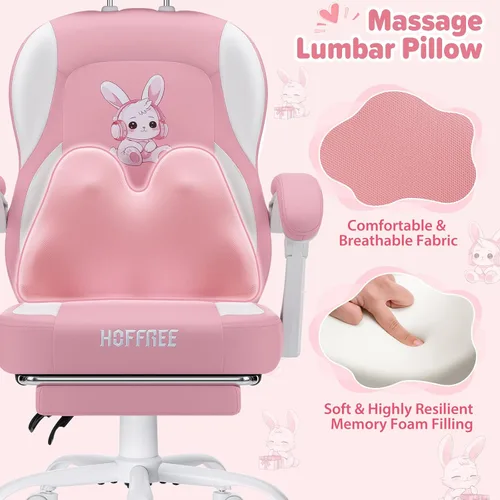 Vista 4 de Silla de juegos rosa para niñas y niños, sillas de computadora de masaje con lindo conejito Cute Silla Gamer 135° Reclining Game Cahir with
