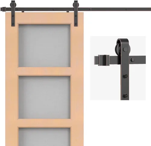 Vista 11 de Kit de herrajes clásicos de latón para puerta corrediza de granero de 5 pies para puerta interior, paquete de oro cepillado con mecanismo de cierre