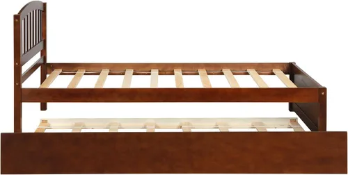 Vista 4 de Base de cama individual de madera maciza para niños con nido y cabecera curvada, base de cama de plataforma de perfil bajo con soporte de listones