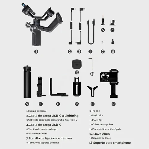 Vista 8 de FeiyuTech SCORP Mini 3 Pro Kit cardán para cámara, carga útil de 4.4 libras, seguimiento AI 4.0, mango remoto desmontable, batería de 14 horas