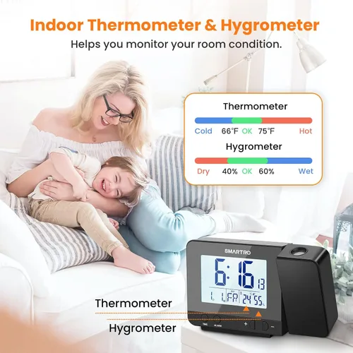 Vista 7 de SMARTRO - Reloj despertador digital de proyección para dormitorios con termómetro interior higrómetro, cargador USB, proyector de mesita de noche