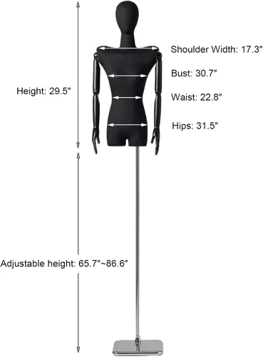 Vista 4 de Vestido de maniquí femenino con forma de torso, cuerpo de maniquí de exhibición con cabeza desmontable, manos de madera y soporte de altura