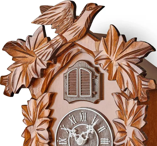 Vista 8 de Reloj de cuco con modo nocturno, decoraciones talladas a mano y péndulo oscilante (marrón)