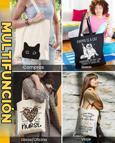 Vista 7 de AUSVKAI Bolsa de lona estética para mujer, lindas bolsas de algodón reutilizables de tela para ir de compras, playa, regalos de moda Gato