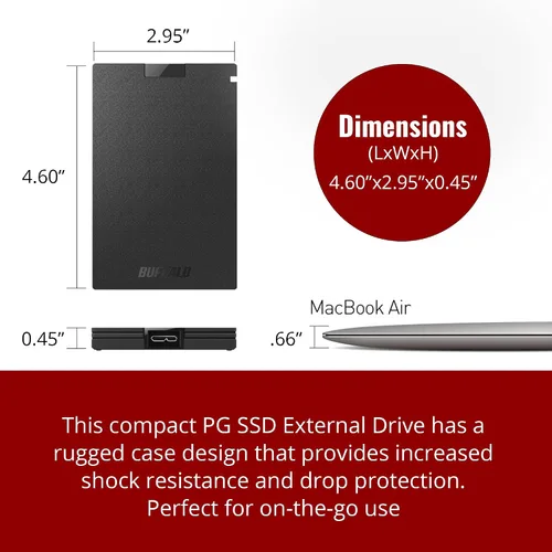 Vista 3 de BUFFALO SSD externo de 500GB - Compatible con PS4 / PS5 / Windows/Mac - USB-C - USB-A - USB 3.2 - Unidad de estado sólido externa - SSD-PG500U3B