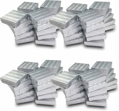 Vista 6 de TheDisplayGuys - Paquete de 100 cajas de cartón rellenas de algodón #33 para joyas, papel de aluminio plateado (3.5 x 3.5 x 1.0 pulgadas)