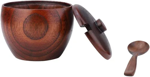 Vista 9 de Tarro de madera maciza, azucarero, sal, pimienta, condimento, olla con cuchara y tapas para cocinar, deliciosos platos y postres