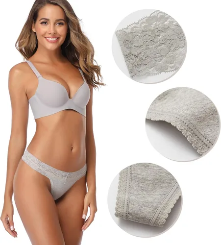 Vista 6 de CULAYII - Paquete de tangas de algodón con encaje para mujer ropa interior sexy y transpirable