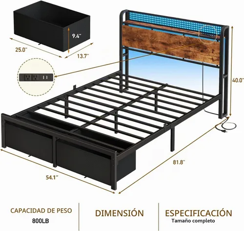 Vista 2 de Furnulem Base de cama de tamaño matrimonial con almacenamiento de cabecero, base de cama de plataforma tamaño matrimonial con 2 cajones, estación
