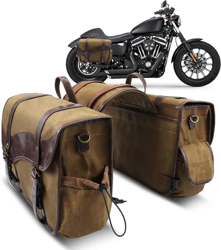 Vista 10 de NICECNC Bolsas de sillín para motocicleta, alforjas vintage de lona encerada en aceite, bolsas laterales de gran capacidad compatibles con Harley