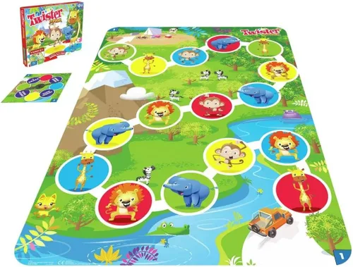 Vista 4 de Hasbro Gaming Twister Junior, juego de fiesta clásico reinventado para niños a partir de 3 años, 2-4 jugadores, 2 en 1, alfombrilla de 2 lados