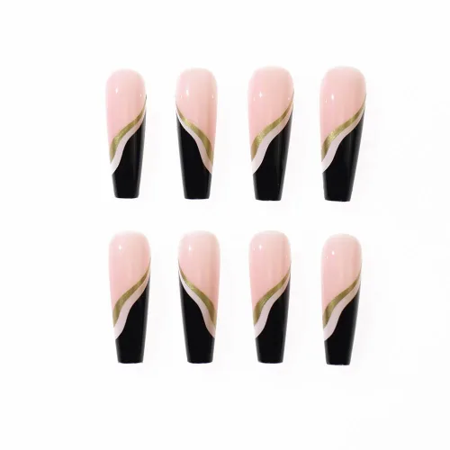 Vista 50 de Uñas postizas francesas a presión, uñas postizas largas de acrílico con forma de ataúd de cobertura completa, uñas postizas de bailarina
