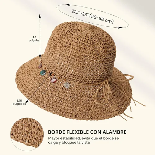 Vista 3 de Trifabricy Sombreros de paja de playa para mujer, sombrero de ala ancha con Shell - Caqui