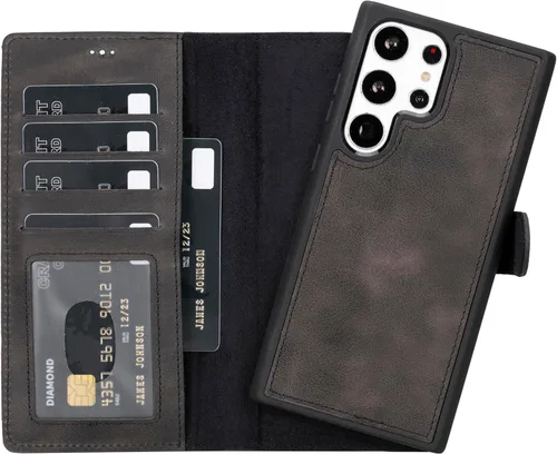 Vista 16 de HARDISTON Funda tipo cartera compatible con Samsung Galaxy S21, hecha a mano, de piel auténtica, cubierta magnética desmontable tipo flip con Negro