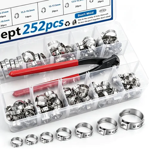 Vista 16 de Kit surtido de 170 piezas de abrazaderas de manguera de una oreja de acero inoxidable 304 de 13 tamaños, abrazaderas de manguera de crimpar de 5.3