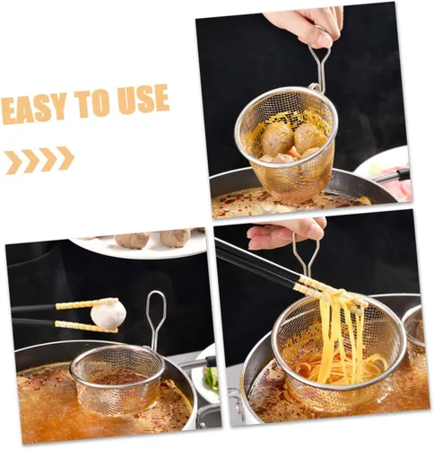 Vista 8 de Colador de pasta de acero inoxidable con mango de malla fina y herramienta de cocina para cocinar y drenar, diseño compacto para un fácil