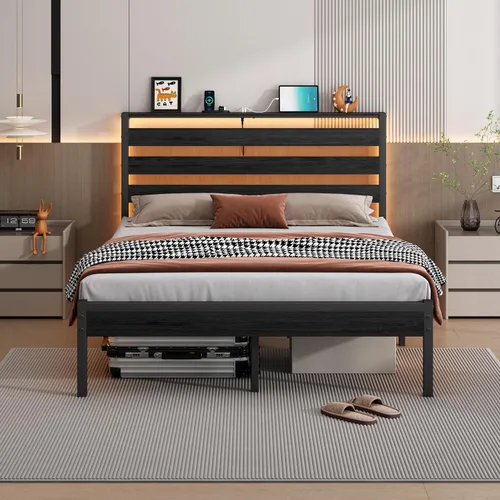 Vista 9 de CLIBFENG Base de cama tamaño individual con estación de carga USB, marco de cama LED con cabecera de almacenamiento de madera, cama de plataforma