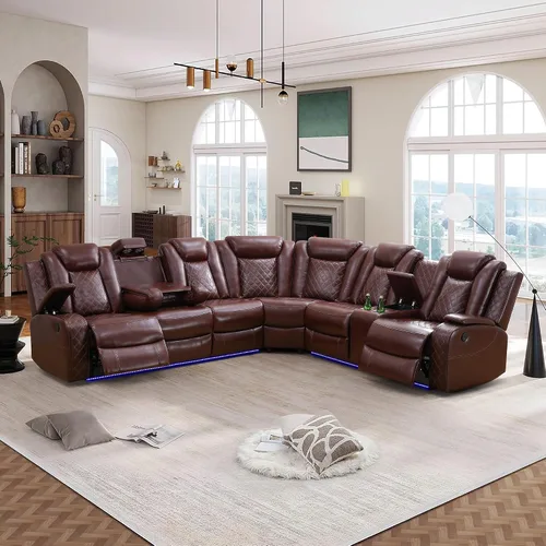 Vista 15 de Juego de sofá reclinable eléctrico, sofás reclinables de cuero negro, 3 piezas de sofá reclinable de cuero de aire y silla de dos plazas con luces