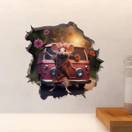 Vista 4 de Pegatina de pared 3D con agujero de ratón de niña hippie boho