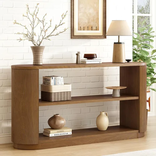Vista 28 de 50" Modern Art Sculptural Console Table, Oval Cutout Legs, Wood Veneer, Thick Rounded Tabletop, Contemporary Entryway Sofa Table for Living Room