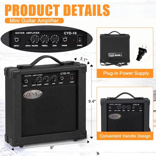 Vista 8 de Guitarra eléctrica Zeny 39 pulgadas tamaño completo, con amplificador, funda y accesorios, paquete para principiantes, Negro