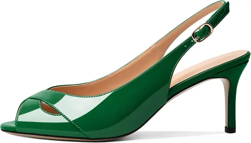 Vista 2 de AUMOTED Zapatos de vestir lisos para mujer, con puntera abierta, tacón medio, de charol y correa ajustable sexy, de 2.5 pulgadas