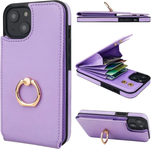 Vista 13 de Folosu Funda tipo billetera compatible con iPhone 14 con soporte para tarjetas, soporte de anillo para dedo con rotación de 360° y función atril