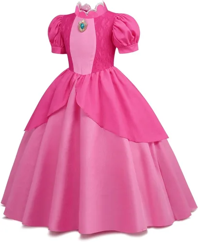 Vista 3 de Fidhig Super Bro - Disfraz de princesa melocotón para niña, para Halloween, carnaval, cosplay, fiesta, color rosa