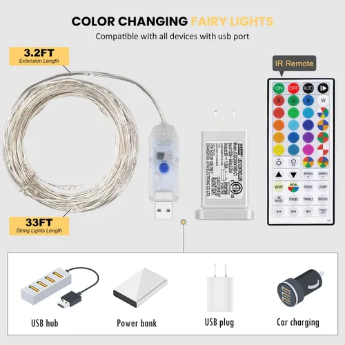 Vista 5 de Luces de Hadas USB Enchufables de 33 pies, 100 LEDs con Control Remoto, Luz Blanca Cálida de 20 Colores Cambiantes, Luces de Cadena Centelleantes
