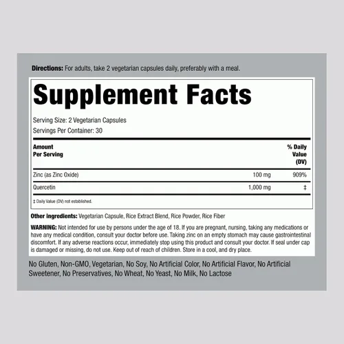 Vista 2 de Piping Rock Quercetina Zinc Complex 1100 mg 60 Cápsulas Flavonoide potente Suplemento sin OMG, sin gluten