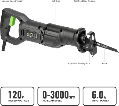 Vista 2 de GALAX PRO Sierra recíproca de 120 V, sierra recíproca con cable de velocidad variable de 6.0 amperios con longitud de carrera de 1-1/8 pulgadas