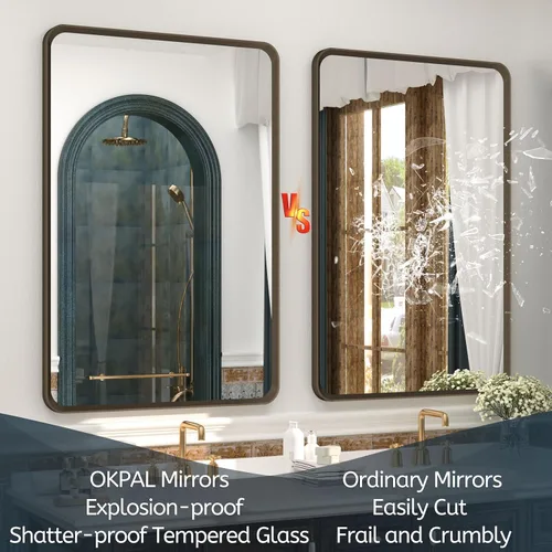 Vista 4 de OKPAL - Espejo de baño de bronce de 20x28 pulgadas, espejos de tocador de baño con marco de metal cepillado para pared, espejo de marco de bronce