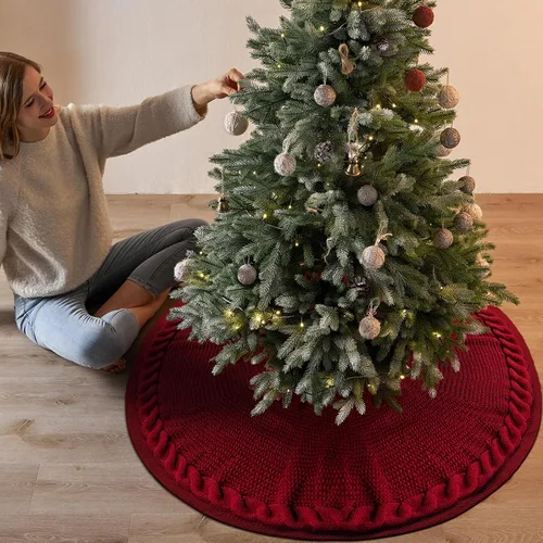 Vista 8 de yuboo - Falda de árbol de Navidad de 48 pulgadas, rojo burdeos, falda de árbol de Acción de Gracias y Navidad de punto, falda rústica para árbol