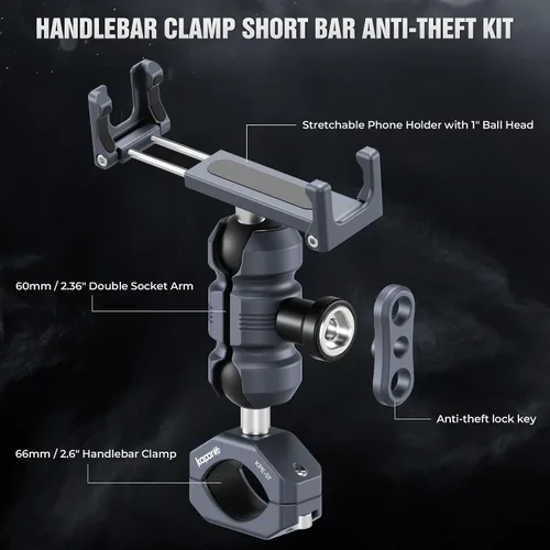 Vista 3 de Soporte de aluminio para teléfono de motocicleta, abrazadera de tornillo para manillar de 0.866-1.260 in, brazo de enchufe ajustable y clip de KPS-02