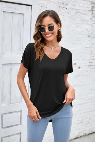 Vista 3 de Herou Camisetas básicas de manga corta con cuello en V para mujer, estilo casual, holgadas, suaves para mujer