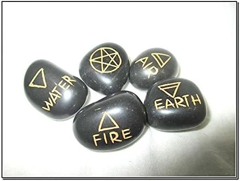 Vista 4 de Jet International Jaspe negro 5 elementos piedras caídas gruesa tierra genuina wicca bolsa pagana regalo aire agua tierra fuego espíritu pentáculo