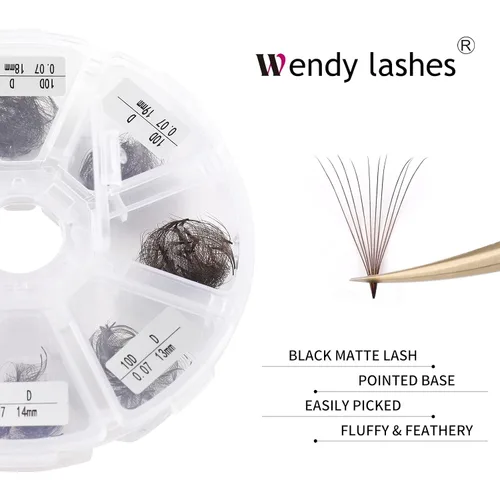 Vista 31 de Extensiones de pestañas de 1200 fans, prefabricadas, con volumen, 9-20mm, bandeja mixta, 20D, con punta en C, base puntiaguda, extensiones