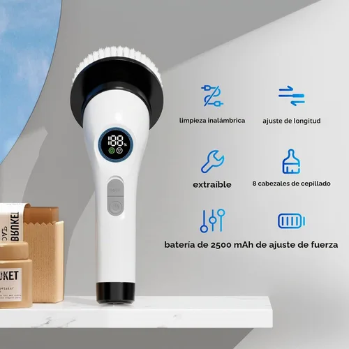 Vista 3 de Limpiador eléctrico giratorio con 8 cabezales de cepillo - HIMAAT IPX7 impermeable, mango de extensión ajustable y pantalla LCD - Potente cepillo