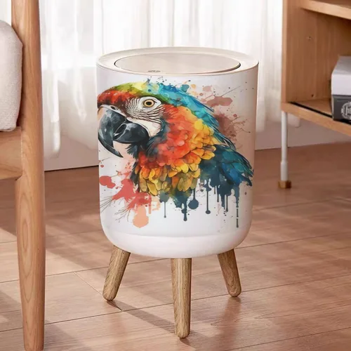 Vista 2 de Bote de basura pequeño con tapa para baño, cocina, oficina, bozal de guacamayo, acuarela, colorido, para dormitorio, basura, cesta de basura a