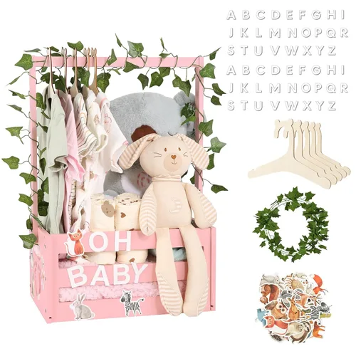 Vista 11 de Cesta grande de regalos para baby shower, caja de madera, colgadores de letras de madera personalizadas para bebé recién nacido niña niño, regalos