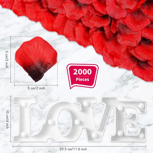Vista 2 de Letrero de amor de San Valentín, funciona con pilas, con forma de amor, luz LED de plástico con 2000 hojas de flores falsas para el día de San