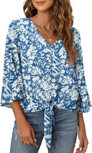 Vista 19 de VIISHOW Blusas de verano para mujer, con botones, cuello en V, de gasa, mangas acampanadas de 3/4, con nudo, casuales 01 Blanco